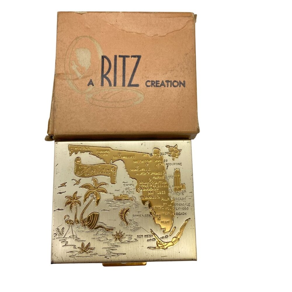 VTG Ritz Florida Compact Souvenir gold tone Powder makeup 1960s‎ Box